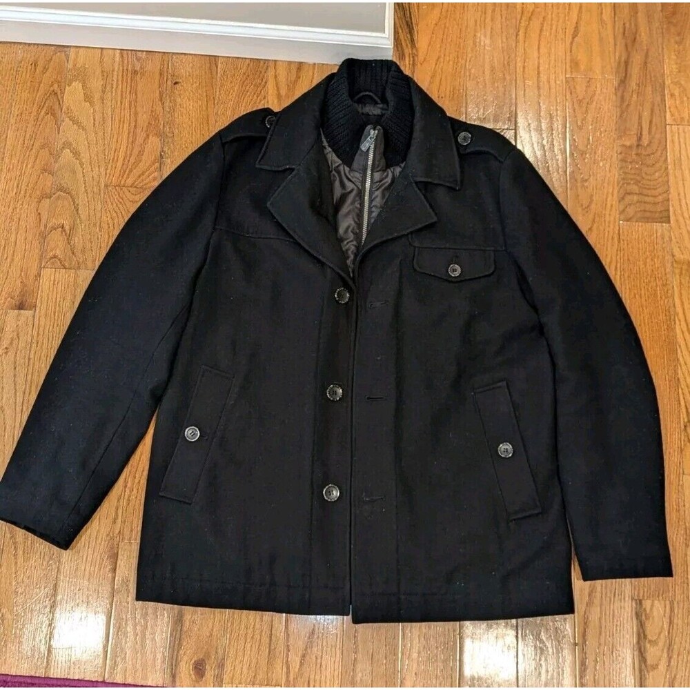 Military Wool Blend Field Jacket Peacoat Lined Black Buffalo David Bitton Large